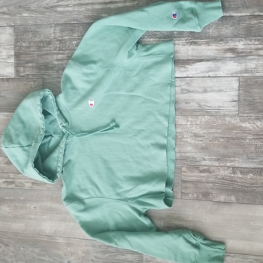 Champion Cropped Sweatshirt Hoodie Reverse Weave Green Size Large Preppy Classic